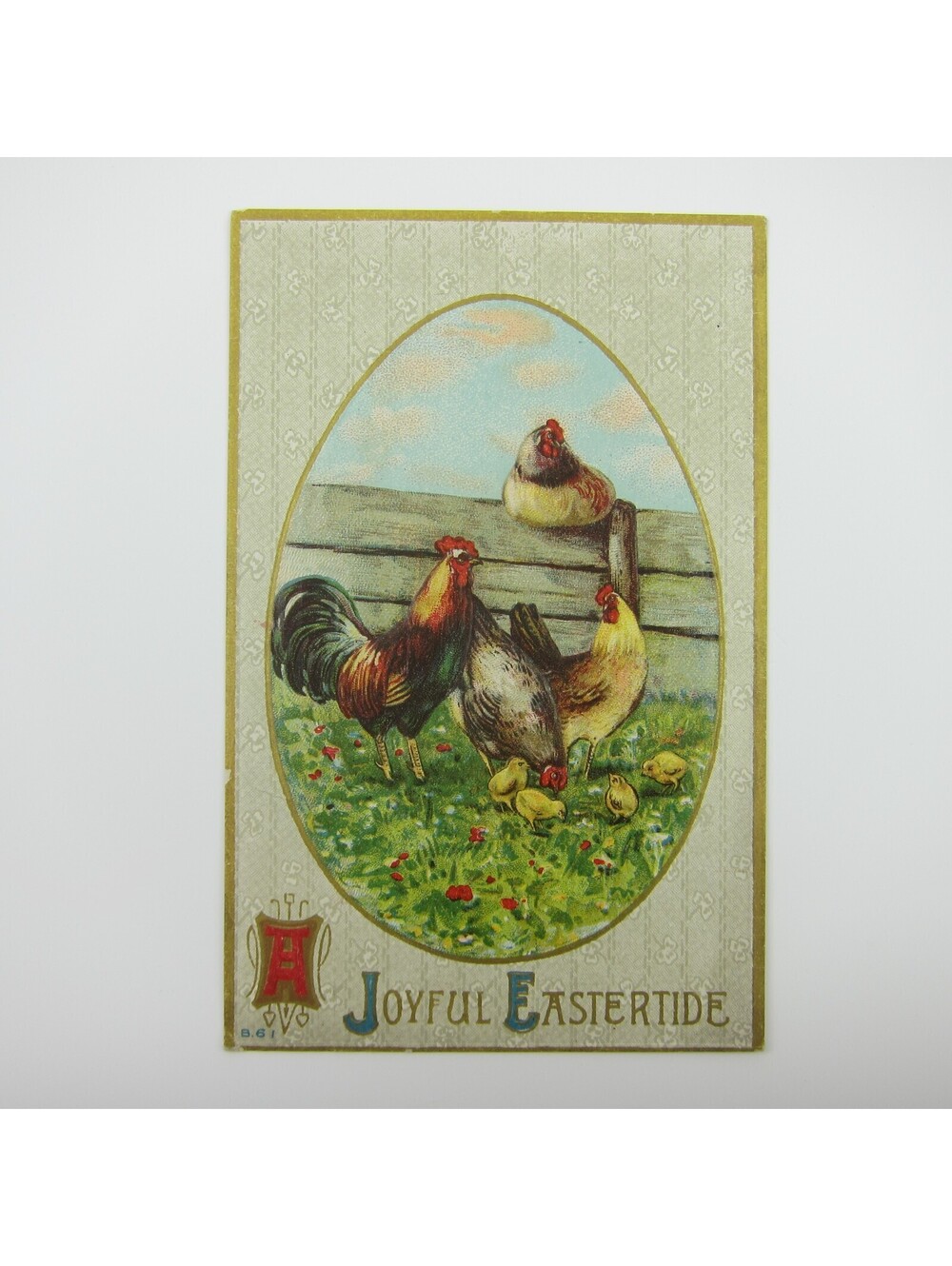 Easter Postcard Rooster Chickens & Yellow Chicks Gold Embossed Antique 1914